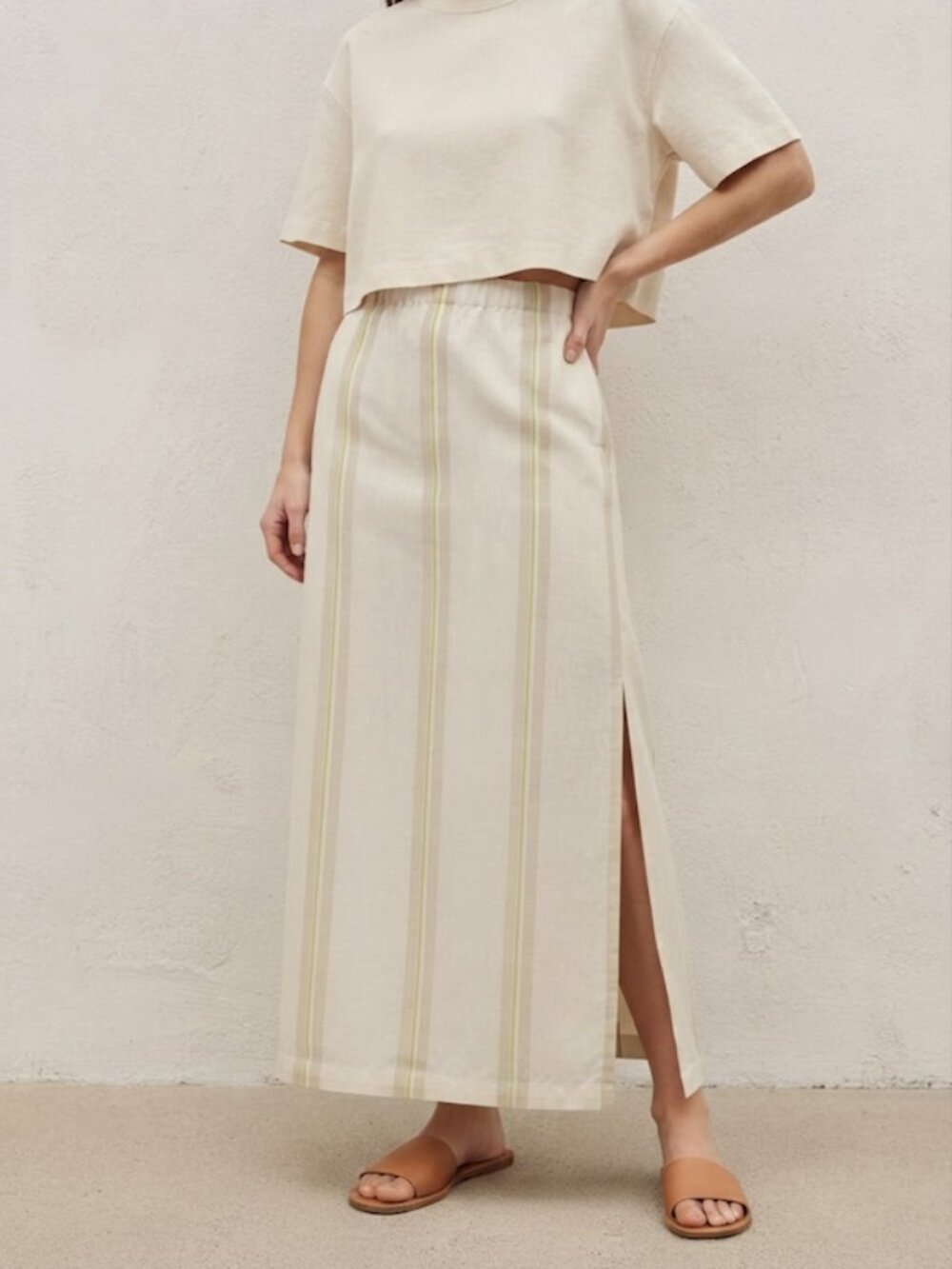 A New Day Striped Midi Skirt Split Hem Cream Green Size L